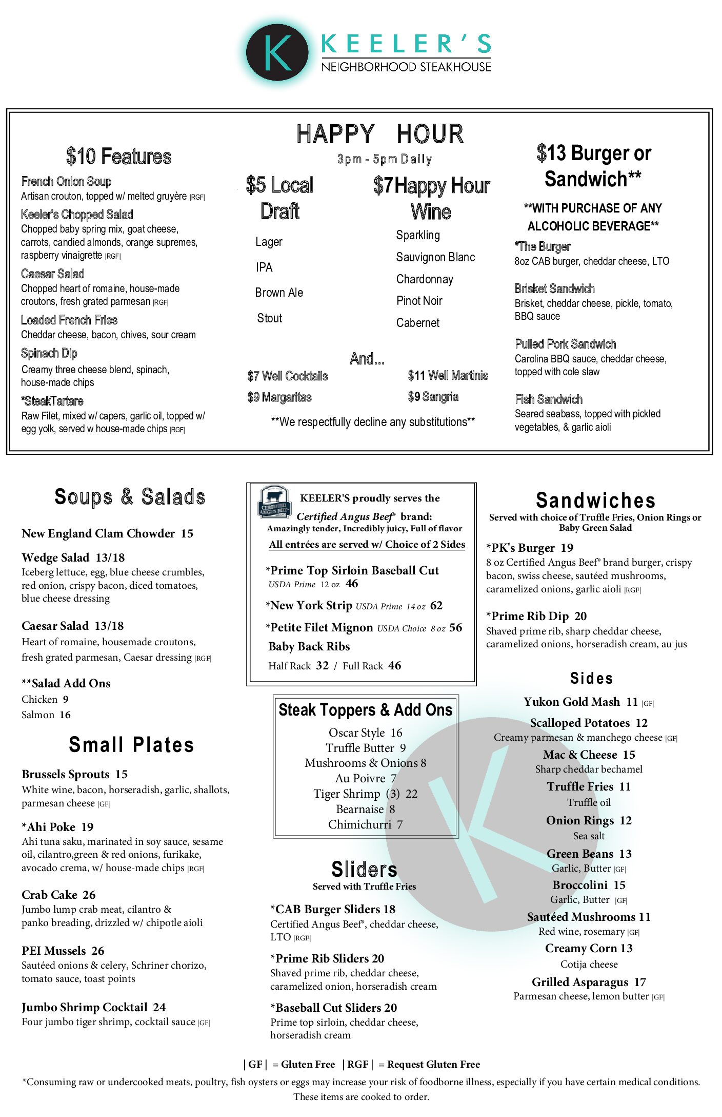 Keeler's Happy Hour Menu