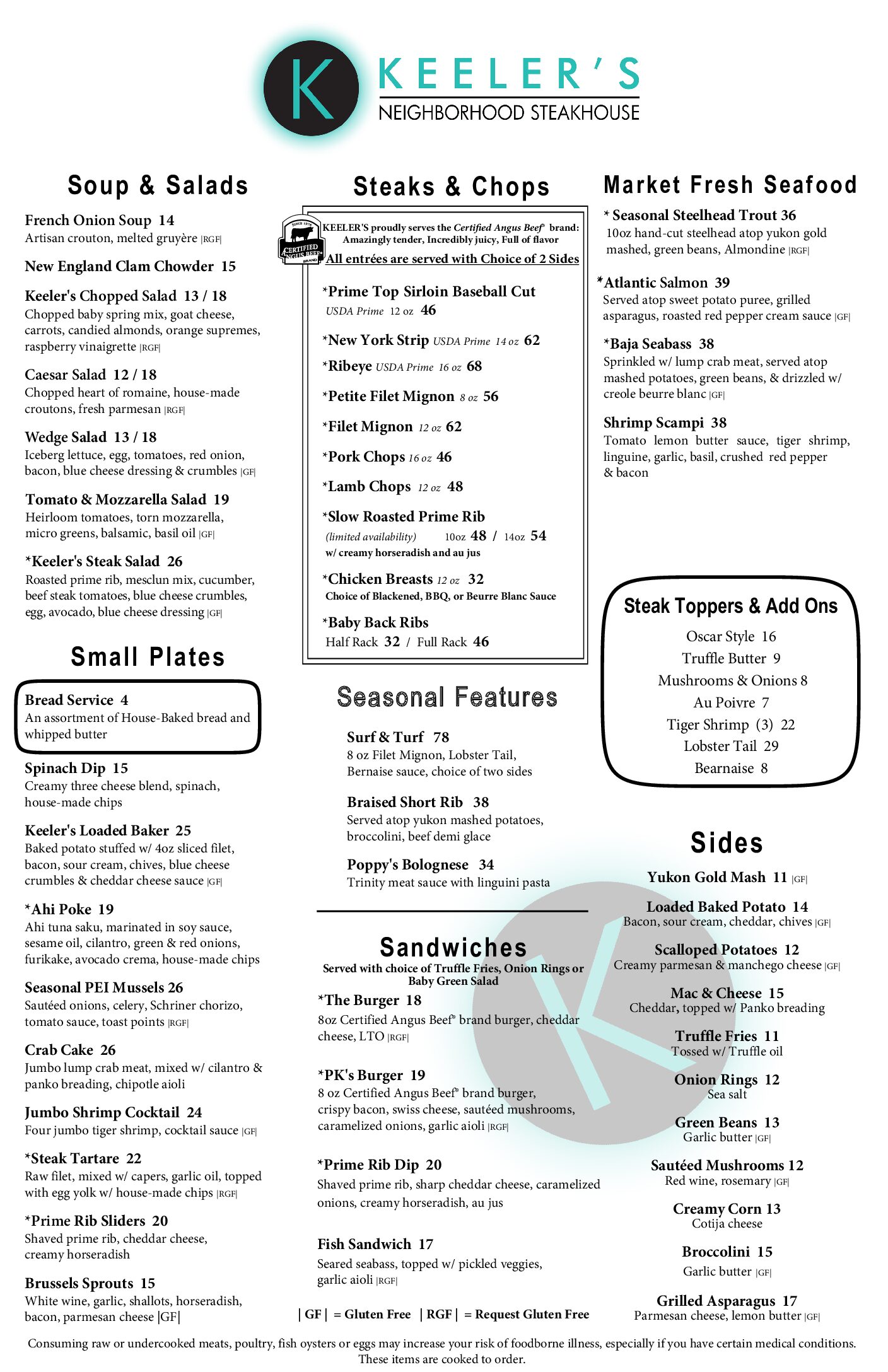 Keeler's Dinner Menu