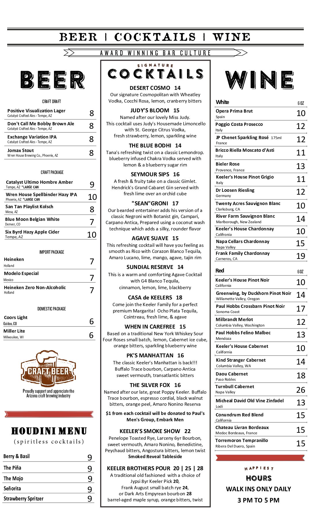 Keeler's Dinner Menu