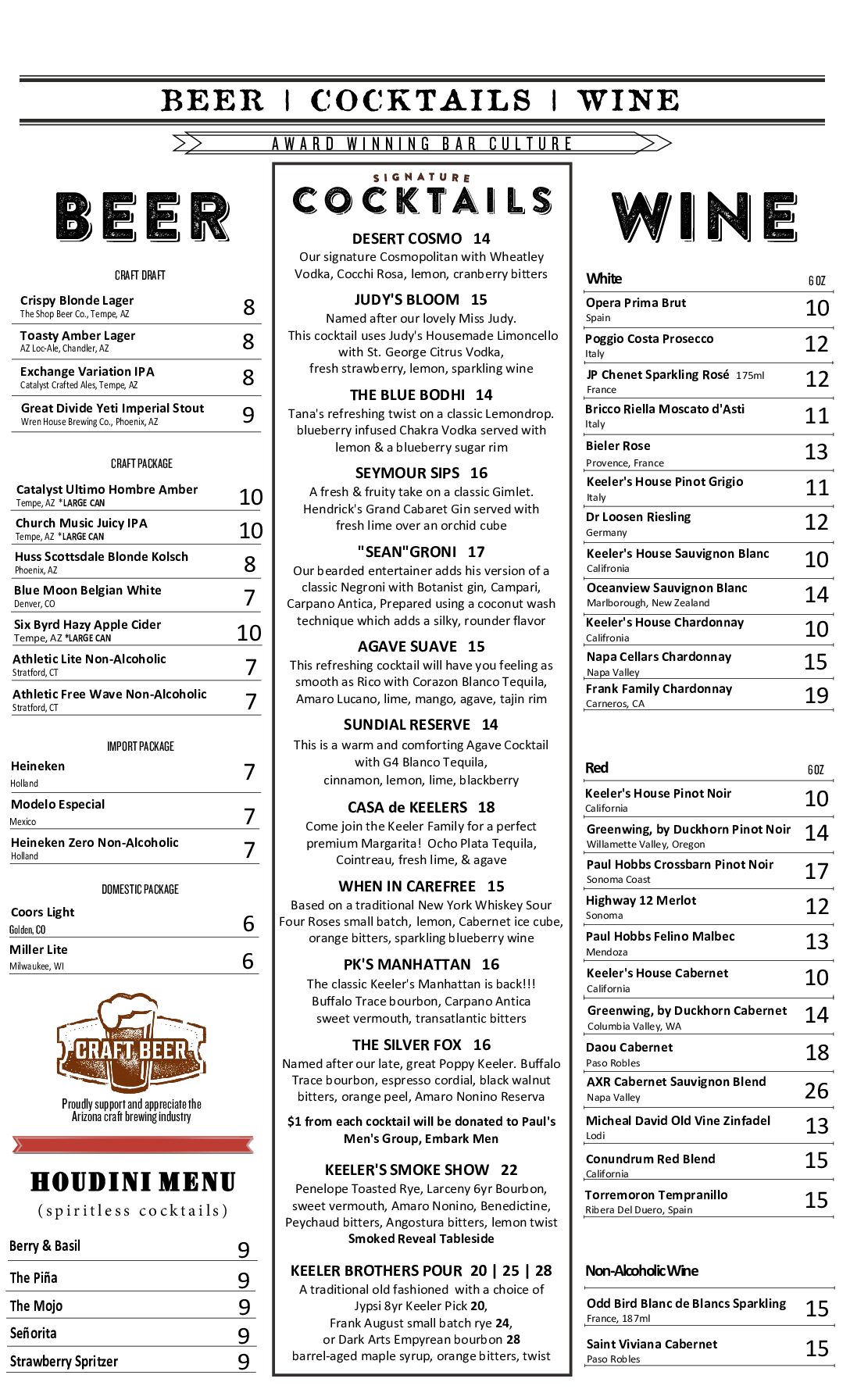 Keeler's Dinner Menu